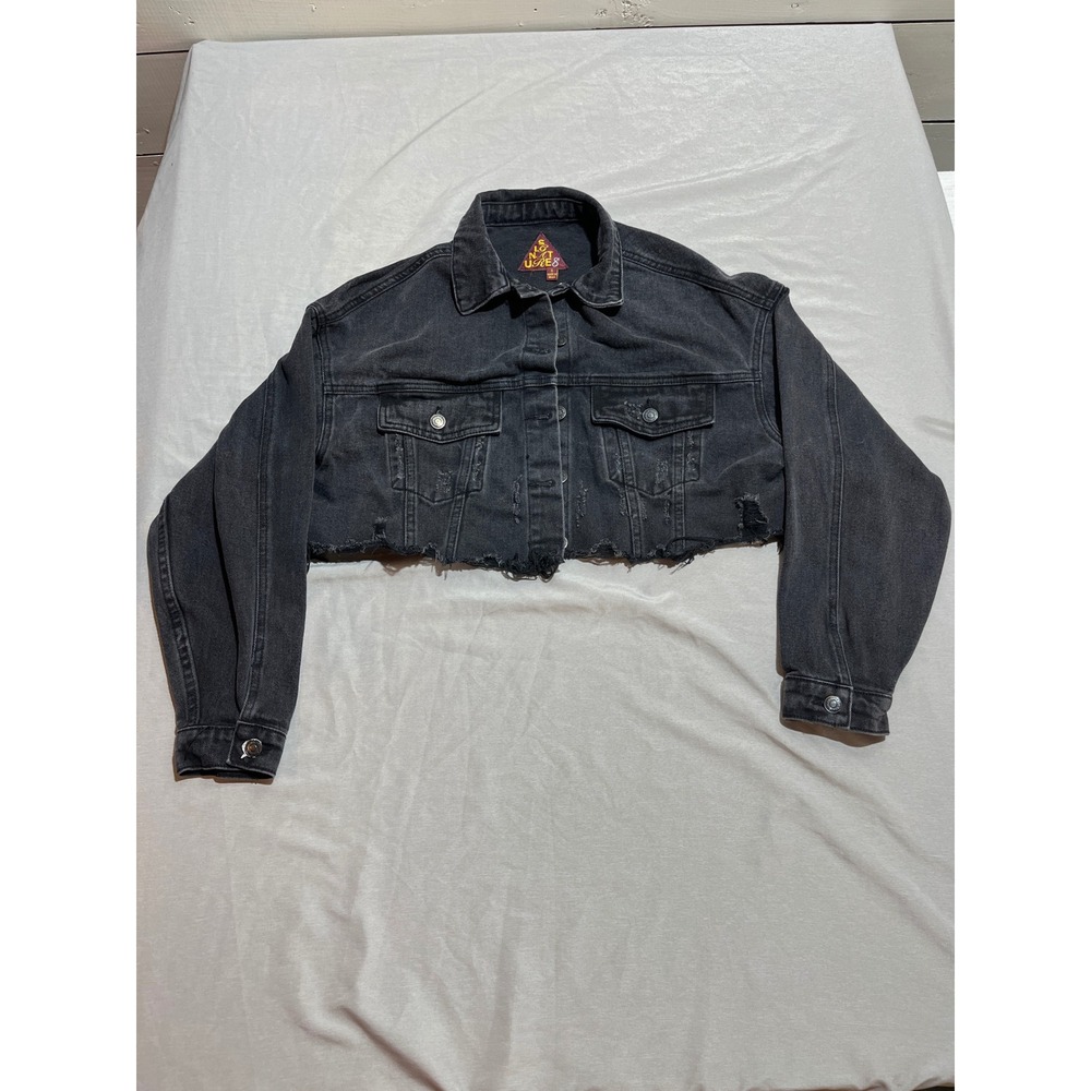 Signature 8 Womens Cropped Denim Jacket Washed Black Distressed Raw Hem S5175B S